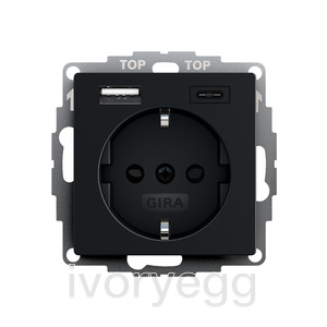 Schuko socket outlet 16A 250V with shutter and 2-gang USB Type A and C, black matt